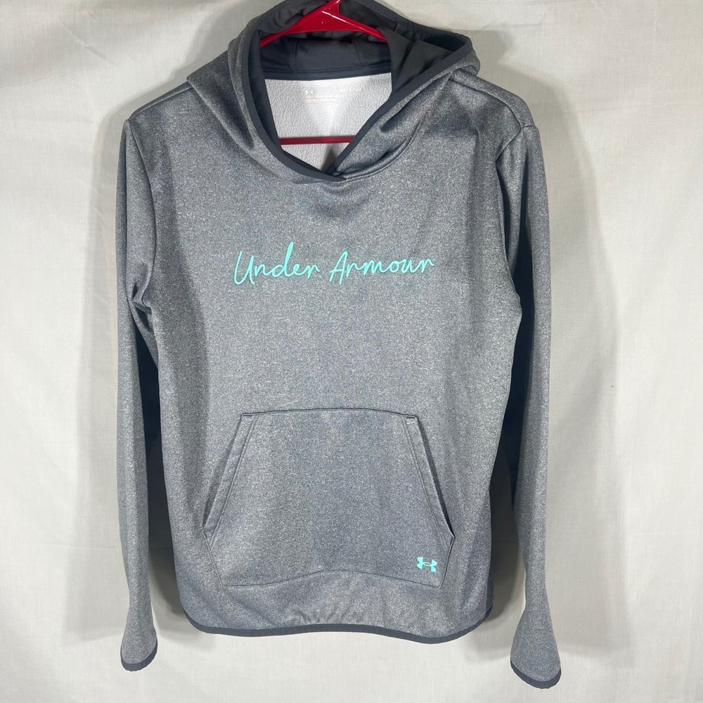 Under Armour Hoodie Script Logo Gray Teal Womens Small